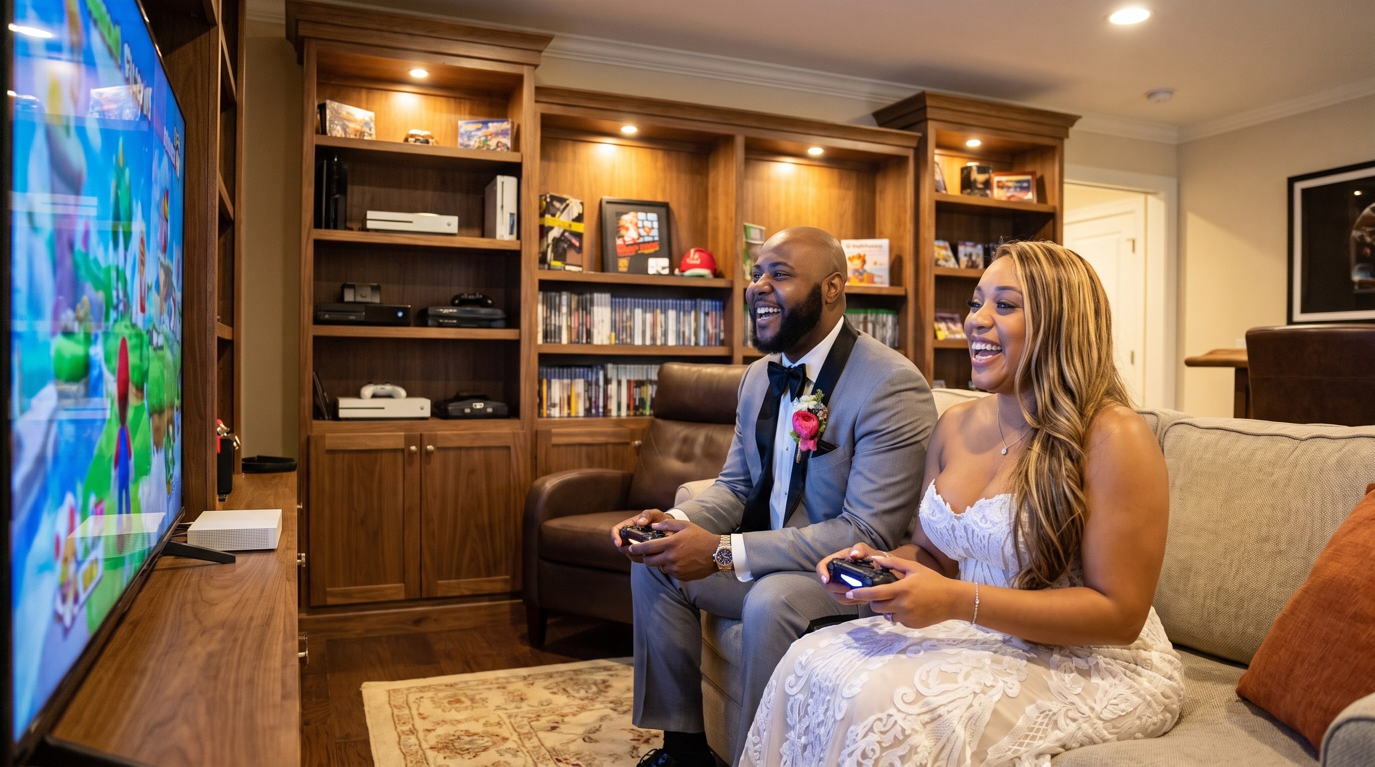 Sean and Briana, still in their wedding clothes, sitting on a sofa
                playing a video game and laughing